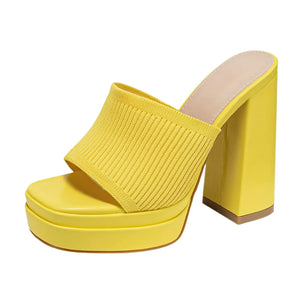 Womens Stretch Knitted Platform Chunky Heels Sexy Sandals Fashion Square Open Toe Block High Heeled Slip-On Y2K Slippers Summer Comfortable Slip On Party Dress Pump Mules Shoes (Yellow8) Mimarta