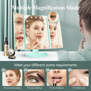 HUONUL Makeup Mirror Vanity with Lights, 2X 3X 10X Magnification, Lighted Mirror, Touch Control, Trifold Dual Power Supply, Portable LED Women Gift (Green) Green Rieworkes