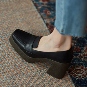Women's Leather Retro Thick Sole Square Toe Shoes Rieworkes
