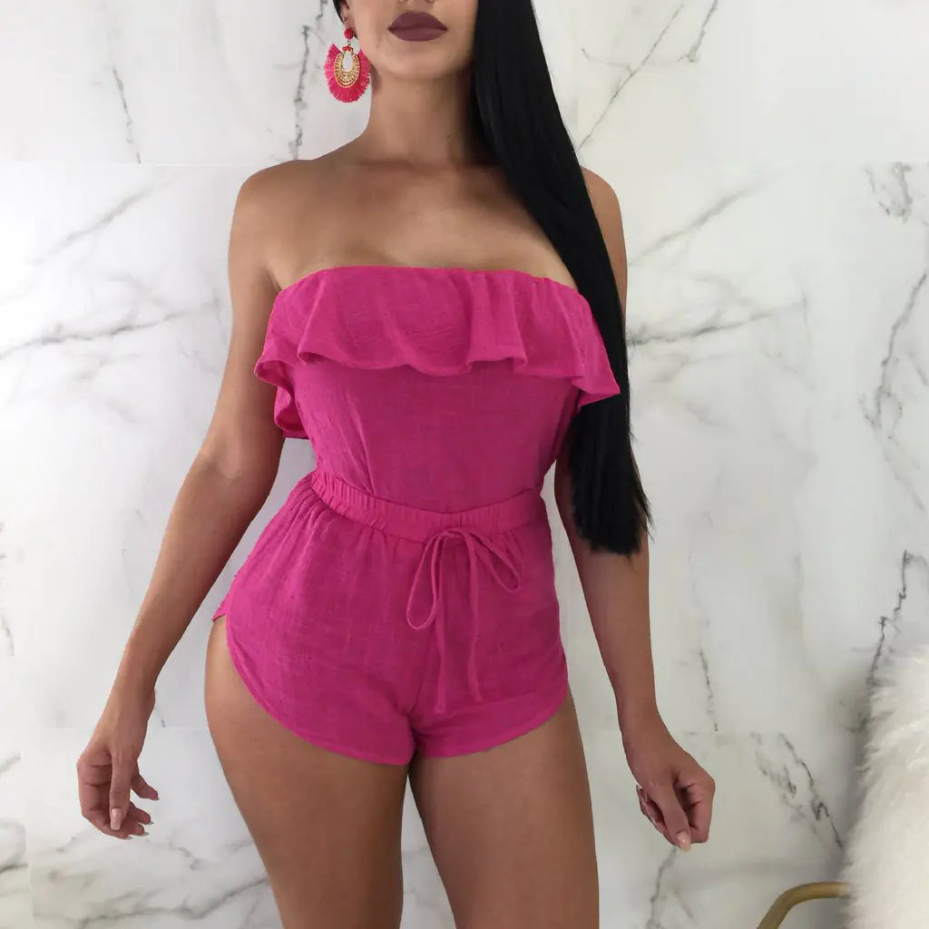 High-Waisted Romper with Large Pockets in Fuchsia Mimarta