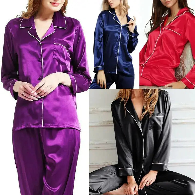 New Elegant Fashion Casual Women Lady Satin Pajamas Set Rieworkes