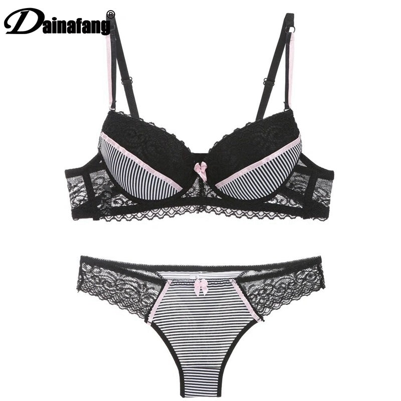 Lace Striped Lingerie Set with Bra and Panties Mimarta
