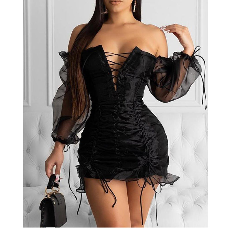 Black Mesh Lace-Up Sexy Party Dress for Women Mimarta