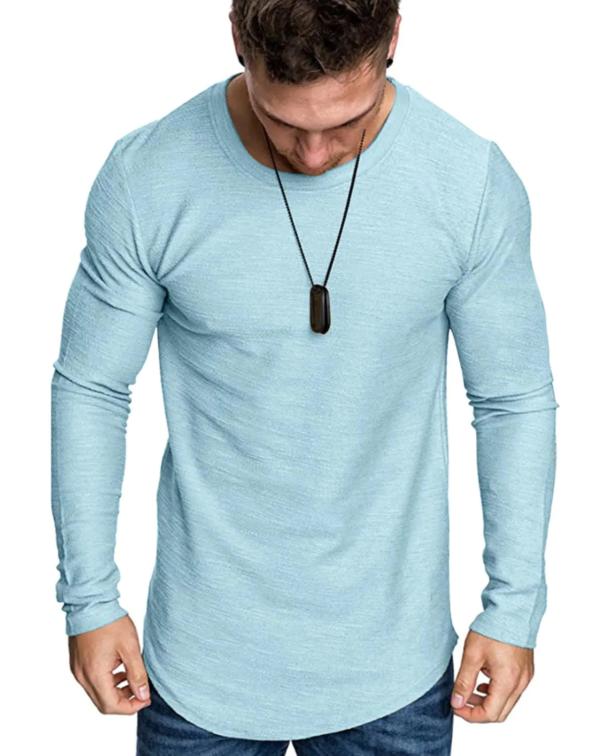 Fashion Mens T Shirt Muscle Gym Workout Athletic Shirt Cotton Tee Shirt Top Skyblue-long Small Rieworkes
