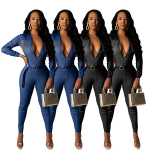 Fashionable Denim Fringed Jumpsuit with Belt Mimarta