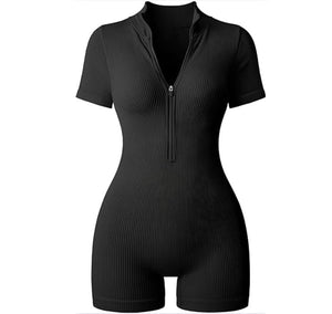 Womens Workout rompers Ribbed Yoga Rom Romper Tummy Control Sexy Jumpsuits One Piece Short Sleeve Zip Up Romper Mimarta