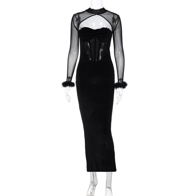 Women's Plush Mesh Hollow Stitching Sexy Dress Mimarta
