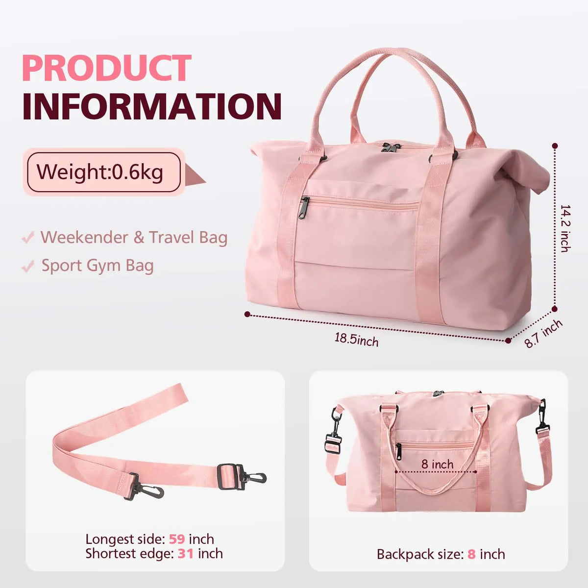 Travel Duffle Bag, Waterproof Weekender Bag Carry On Tote Bags for Women, Travel Essentials Sport Gym Bag for Men, Hospital Bag for Labor and Delivery, Overnight Bag Luggage Bag with Trolley Sleeve 01 Coral Pink Rieworkes