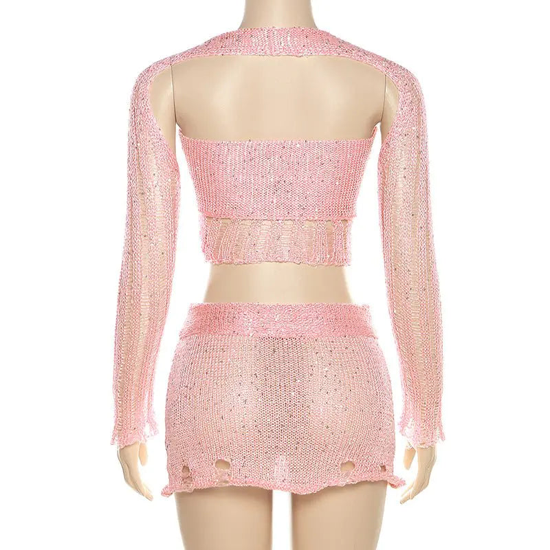 Sweet Like Sugar Distressed Crochet Mini Skirt Set Rieworkes
