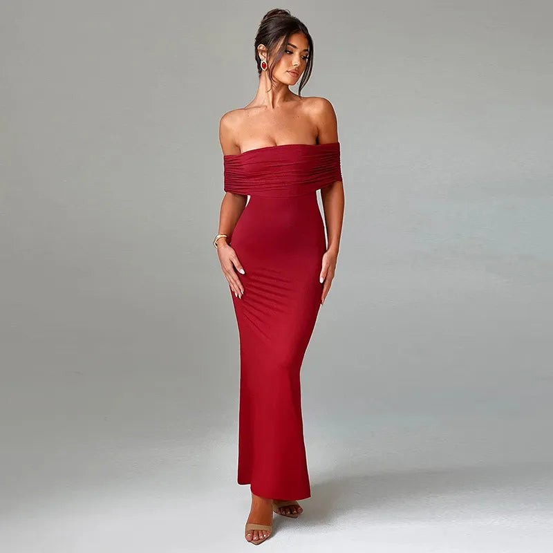Socialite Style Elegant Sexy Backless Off-shoulder Dress Women Rieworkes