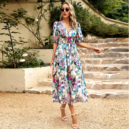 New V-neck Printed Short-sleeved Long Dress Summer Fashion Slim Seaside Vacation Beach Dresses For Women Clothing Rieworkes