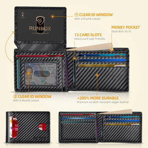 RUNBOX Wallet for Men Slim Rfid Leather 2 ID Window With Gift Box Carbon Black-15 slots Rieworkes