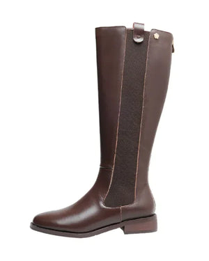 Cowhide Low-heeled Knight Boots Women Thick Legs Double Elastic Rieworkes