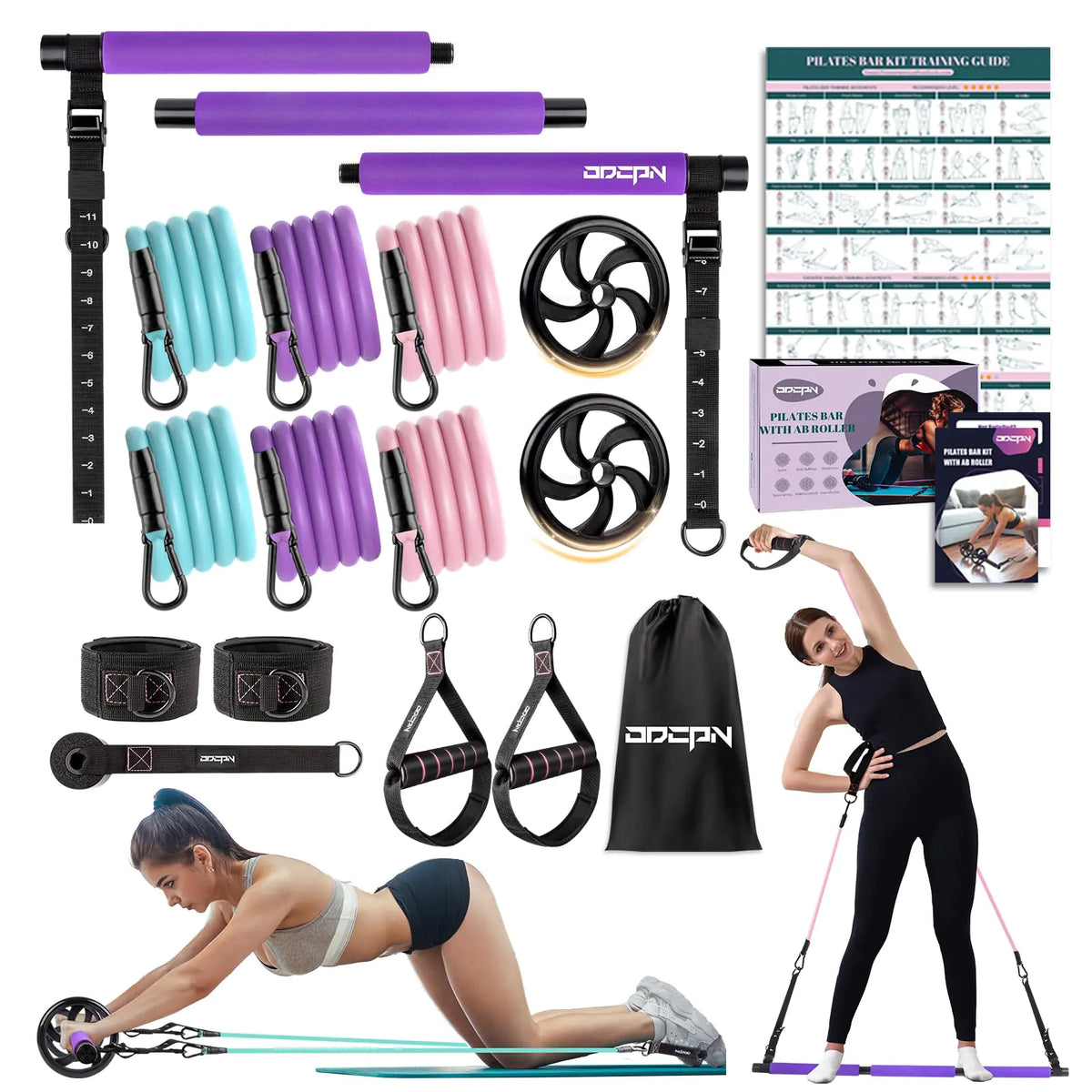 Pilates Bar Kit with Resistance Bands Multifunctinal Exercise Bar with Ab Roller for Pilates/Abs/Weight Loss Portable Home Gym Pilates bar kit for Full Body Training Women - Violet Mimarta