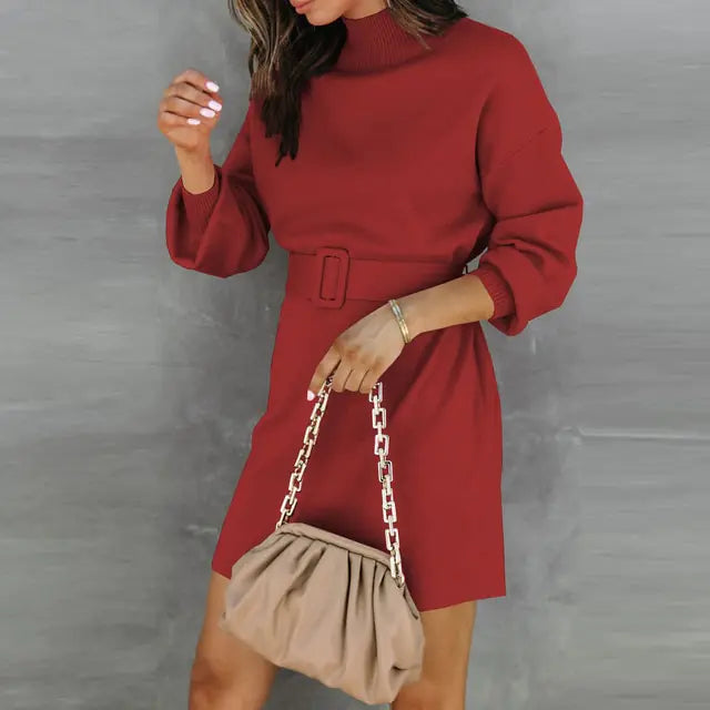 Elegant Turtleneck Sweater Dress with Belt Rieworkes