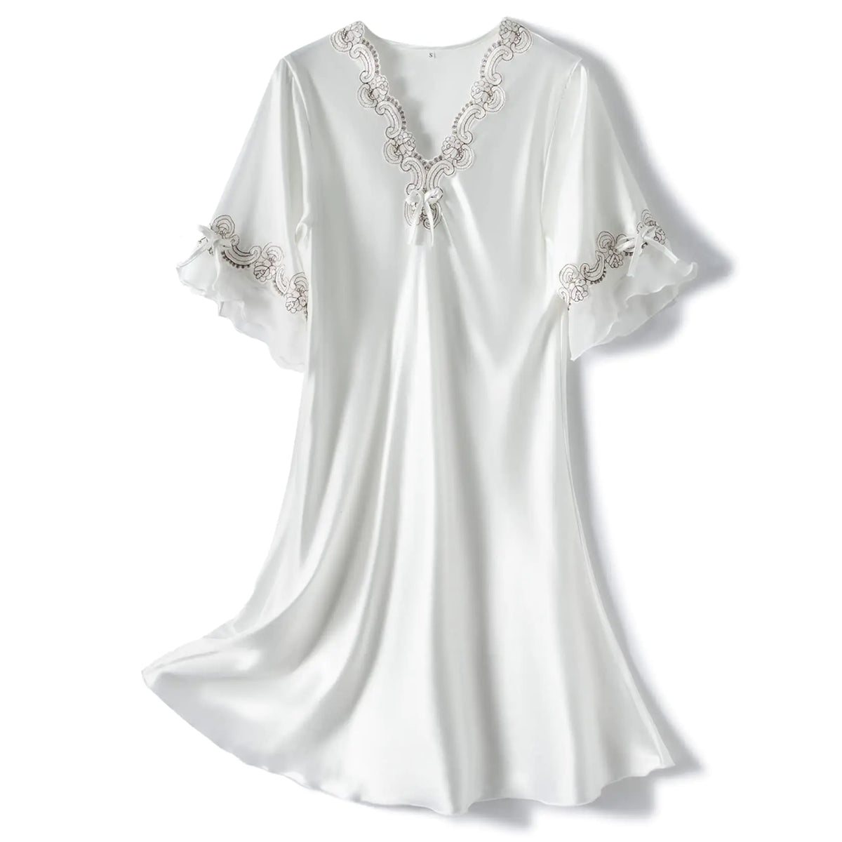 Lus Chic Womens Satin Nightgown Summer Luxury Soft Lace Short Sleeve V Neck Sleep Shirt Sleepwear White XL Mimarta