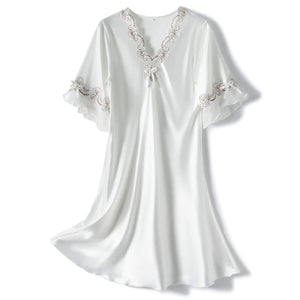 Lus Chic Womens Satin Nightgown Summer Luxury Soft Lace Short Sleeve V Neck Sleep Shirt Sleepwear White XL Mimarta