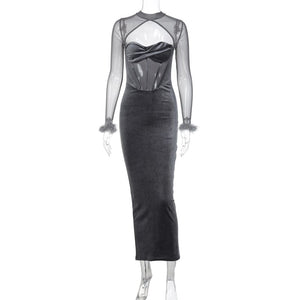 Women's Plush Mesh Hollow Stitching Sexy Dress Mimarta
