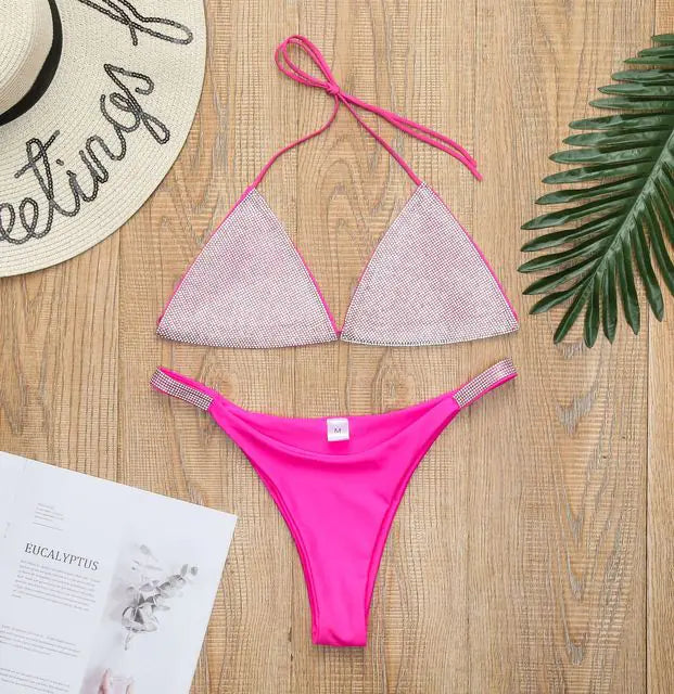 Luxury Women's Bikini Set with Rhinestones and Halter Neck Mimarta