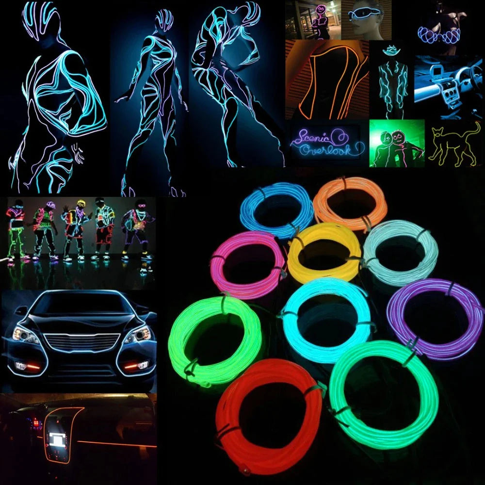 Neon LED Light Glow EL Wire String Strip Rope Tube Decor Car Party + Controller Rieworkes