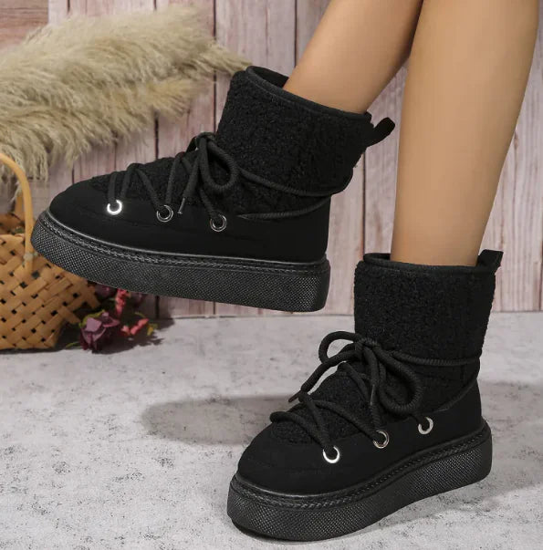 Fashion Lace-up Snow Boots Winter Flat Thick-soled Height-enhancing Cotton Shoes For Women Casual Warm Short Boot Rieworkes