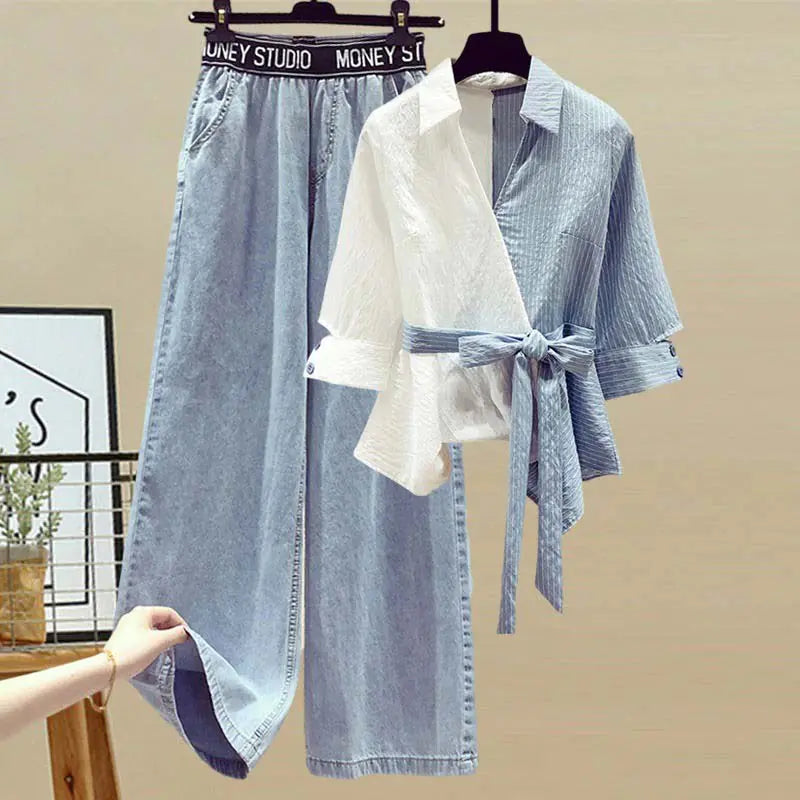 Stripe Blouse & Denim Pants Set Rieworkes