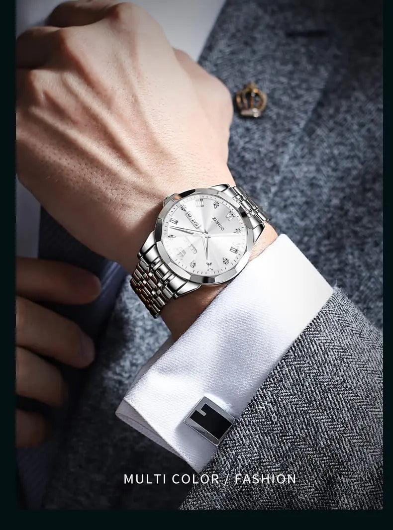 OLEVS Watch for Men Diamond Business Dress Analog Quartz Stainless Steel Waterproof Luminous Date Two Tone Luxury Casual Wrist Watch silver watch for men Rieworkes