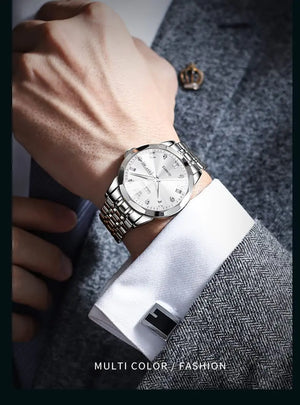 OLEVS Watch for Men Diamond Business Dress Analog Quartz Stainless Steel Waterproof Luminous Date Two Tone Luxury Casual Wrist Watch silver watch for men Rieworkes