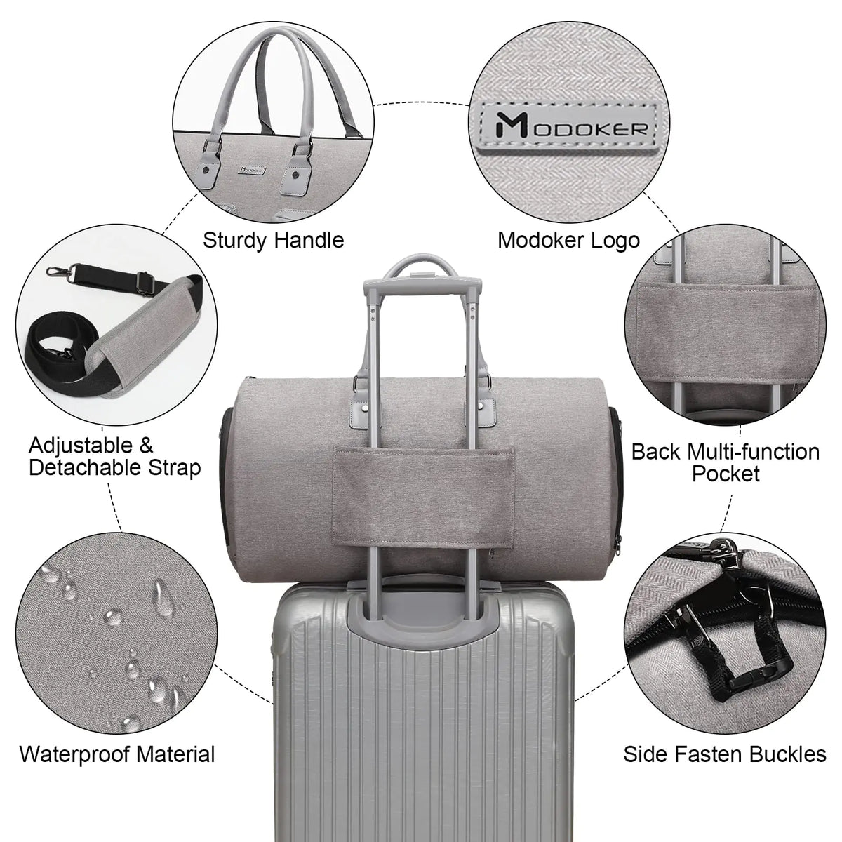 Convertible Garment Bag with Toiletry Bag, Modoker Carry on Garment Duffel Bag for Men Women - 2 in 1 Hanging Suitcase Suit Travel Bags, Light Grey Rieworkes