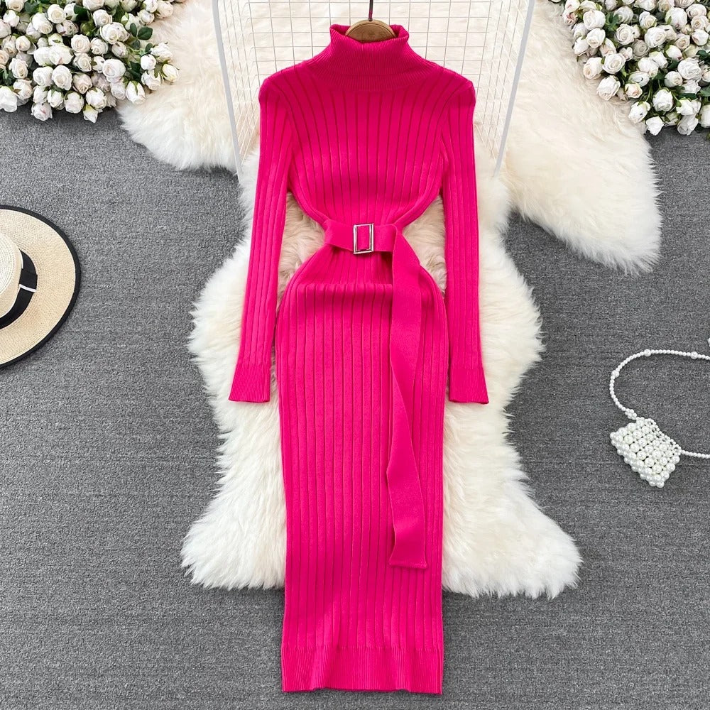 Turtleneck Sexy Wrap Hips Knitted Dresses Rieworkes