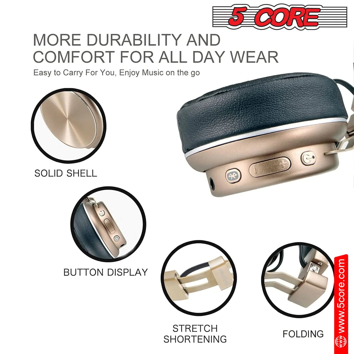 5 CORE Bluetooth Headphones Over Ear Noise Cancelling Headset Stereo Headphone with Padded Ear Cups + Adjustable Headband HEADPHONE 13 G - Rieworkes
