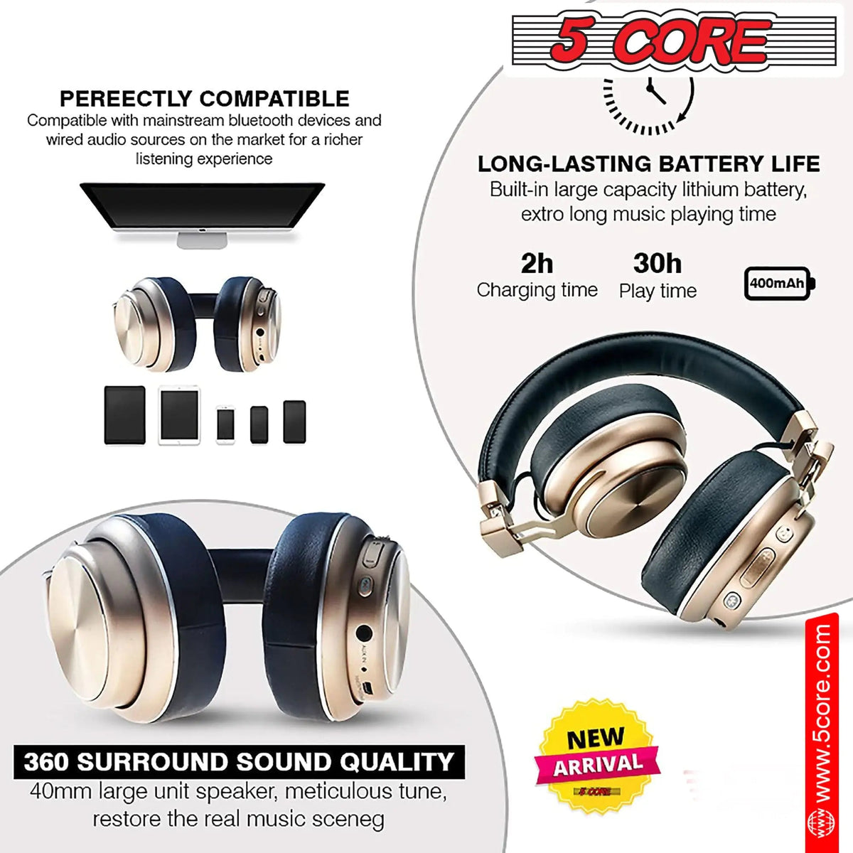 5 CORE Bluetooth Headphones Over Ear Noise Cancelling Headset Stereo Headphone with Padded Ear Cups + Adjustable Headband HEADPHONE 13 G - Rieworkes