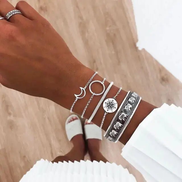 5 - piece Bohemian Shell Moon Charm Bracelet Set for Women - Rieworkes