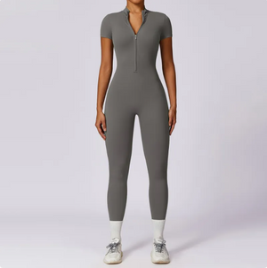 Zippered Short Sleeve Yoga Jumpsuit Mimarta