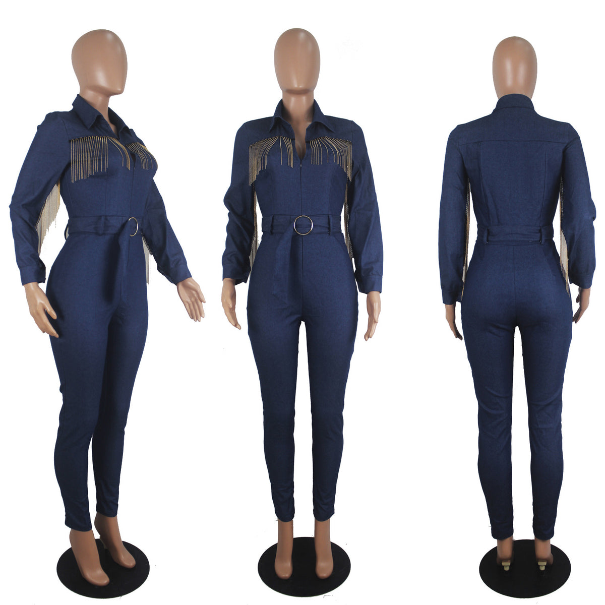 Fashionable Denim Fringed Jumpsuit with Belt Mimarta