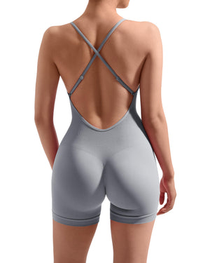 MOOSLOVER Women Strappy Backless Jumpsuits Tummy Control Bodycon Yoga Romper One Piece Workout Jumpsuit Shorts(XL#1 Grey) Mimarta