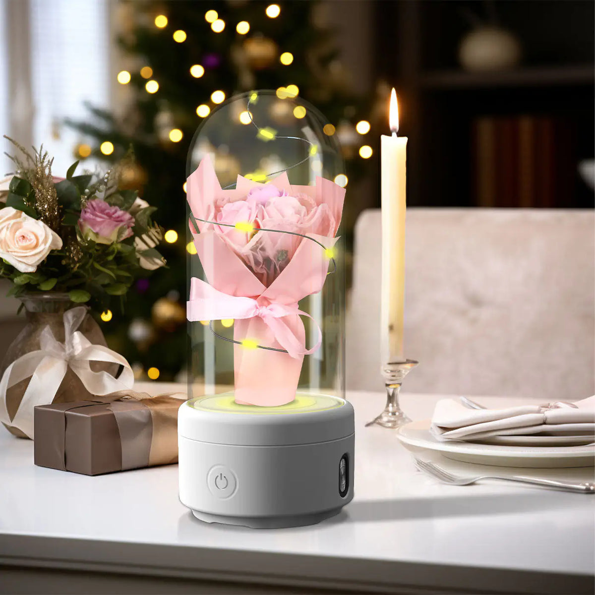 Creative 2 In 1 Bouquet LED Light And Bluetooth-compatible Speaker Mother's Day Gift Rose Luminous Night Light Ornament In Glass Cover Rieworkes