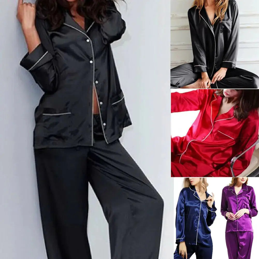 New Elegant Fashion Casual Women Lady Satin Pajamas Set Rieworkes