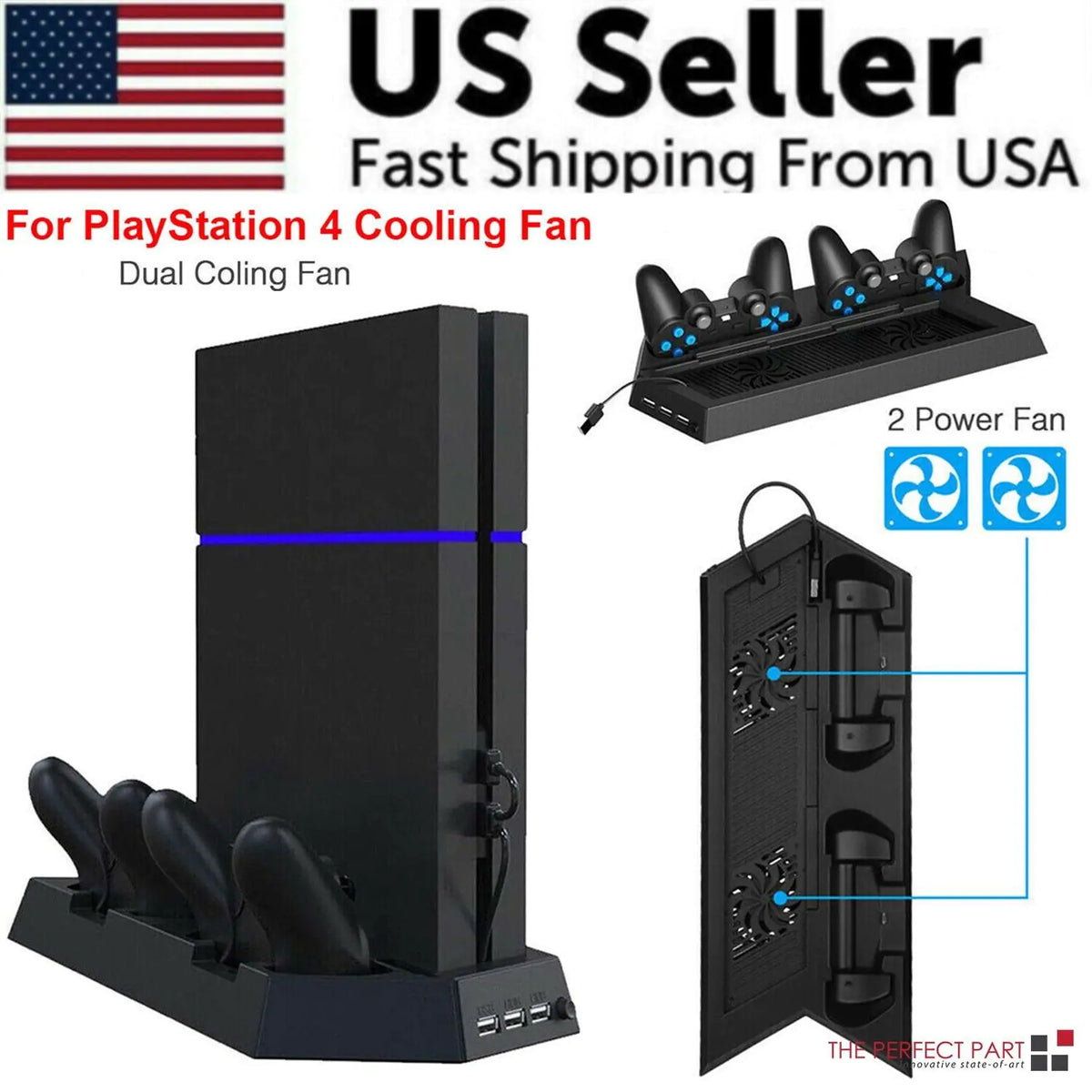 PS4 Cooling Station Vertical Stand 2 Controller Charging Dock For PlayStation 4 Rieworkes