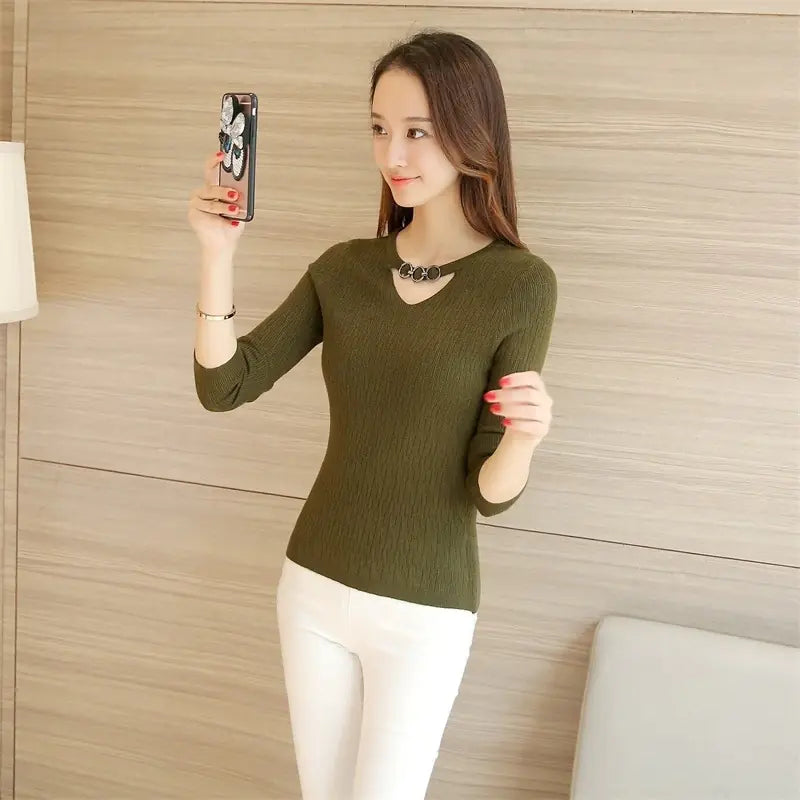 2020 Fall/Winter V-Neck Fitted Long Sleeve Sweater Mimarta