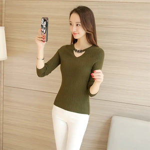 2020 Fall/Winter V-Neck Fitted Long Sleeve Sweater Mimarta