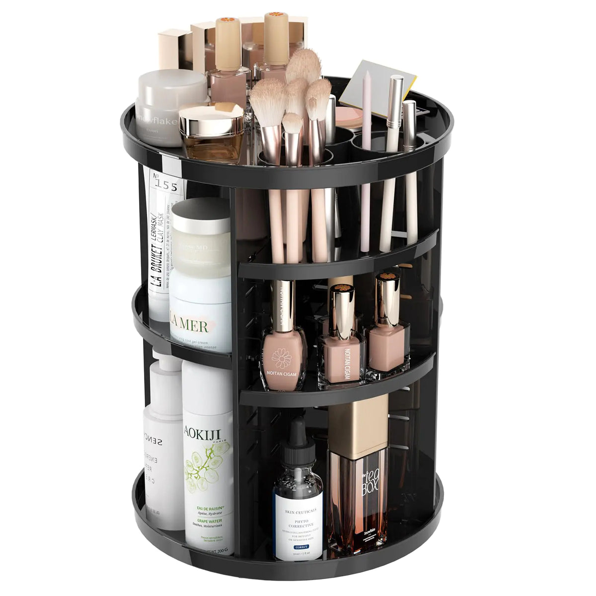 Rotating Makeup Organizer for Vanity, 360 Spinning Skincare Organizers with Adjustable Trays, Make Up Desk Storage Carousel Rack, Cosmetic Display Cases for Dresser Bathroom Countertop Black Rieworkes