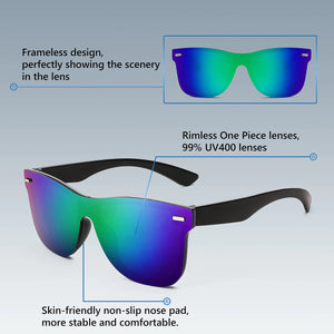 FEISEDY Sunglasses, Rimless Mirrored Sun Glasses with Reflective One-Piece Lens, B4114 Green Blue Mirror 62 Millimeters Rieworkes