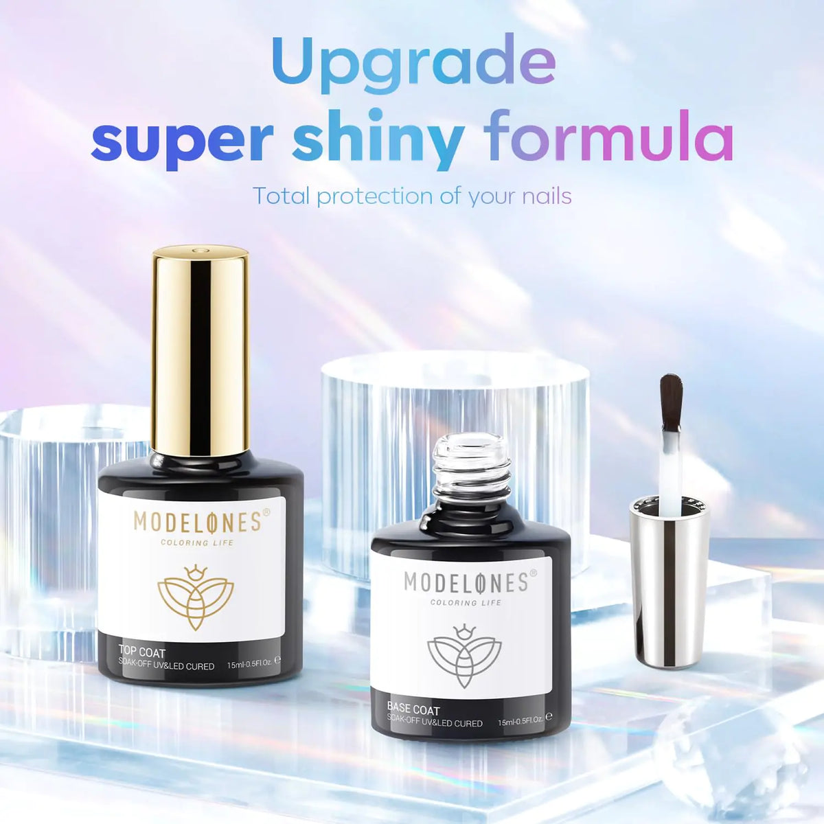modelones Gel Top Coat, 15 ml 2024 Upgrade Super Shiny Gel Base and Top Coat Set, Soak Off Nail Lamp Acid Free No Wipe Clear Base Top Gel Nail Polish C-15ml Base and Top Coat Rieworkes