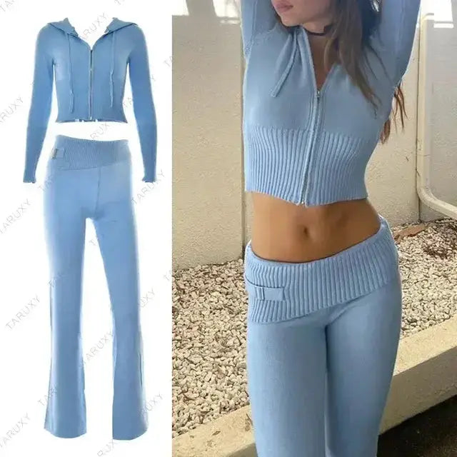 Knitted Hoodie Cropped Top And Pants Set Rieworkes