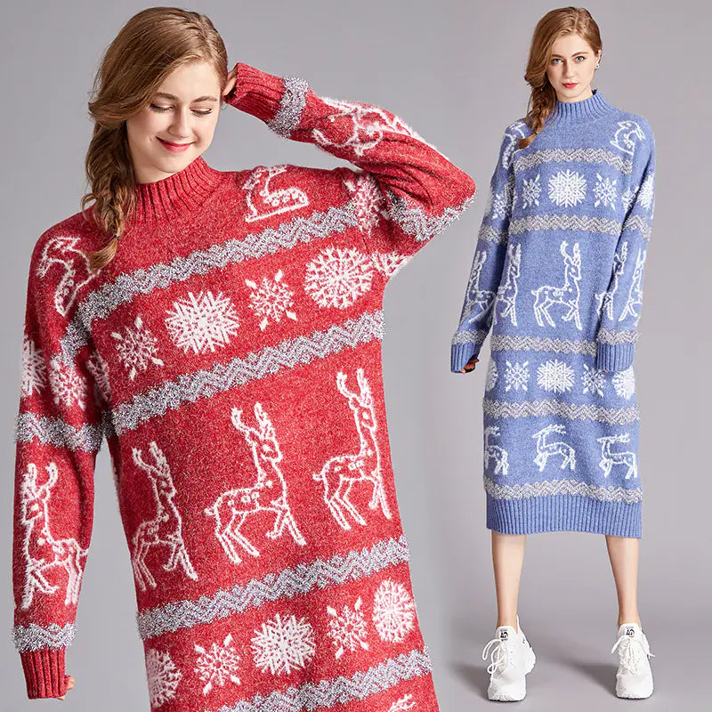 Christmas Reindeer Velvet Sweater Dress for Women Mimarta