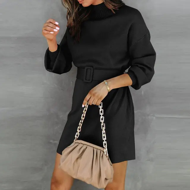 Elegant Turtleneck Sweater Dress with Belt Rieworkes