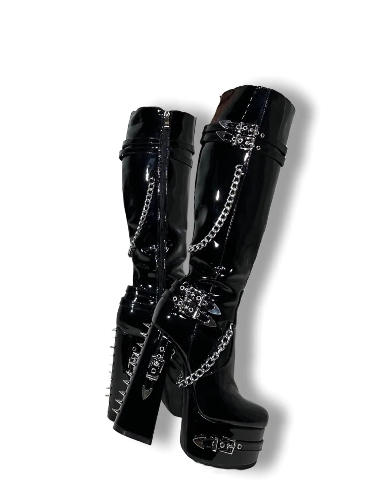 Frankie Hsu Goth Sexy Chunky Platform Knee High Heeled Boots Black Patent Silver Chain Rivets Gothic Punk Y2K Hot Girl Big Large Size Wide Calf Long Shoes For Women Men Mimarta