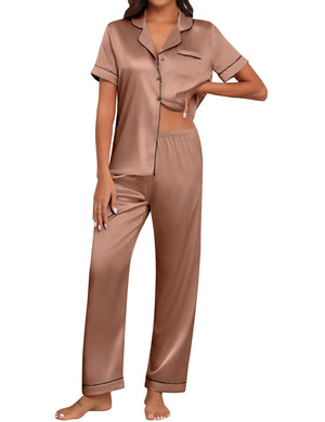Ekouaer Silk Pajamas for Women Set Satin Short Sleeve Pajama Set Silk Loungewear Sets Woman Brown Silk PajamasXL Mimarta