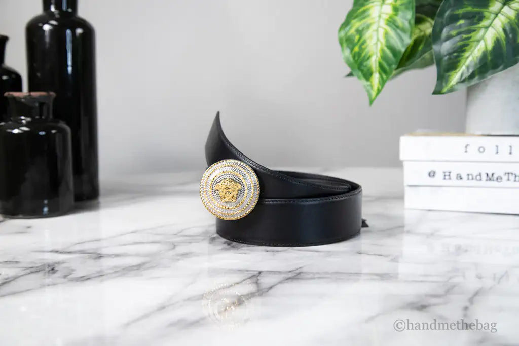Versace Leather Round Ridged Medusa Emblem Adjustable Belt Mimarta